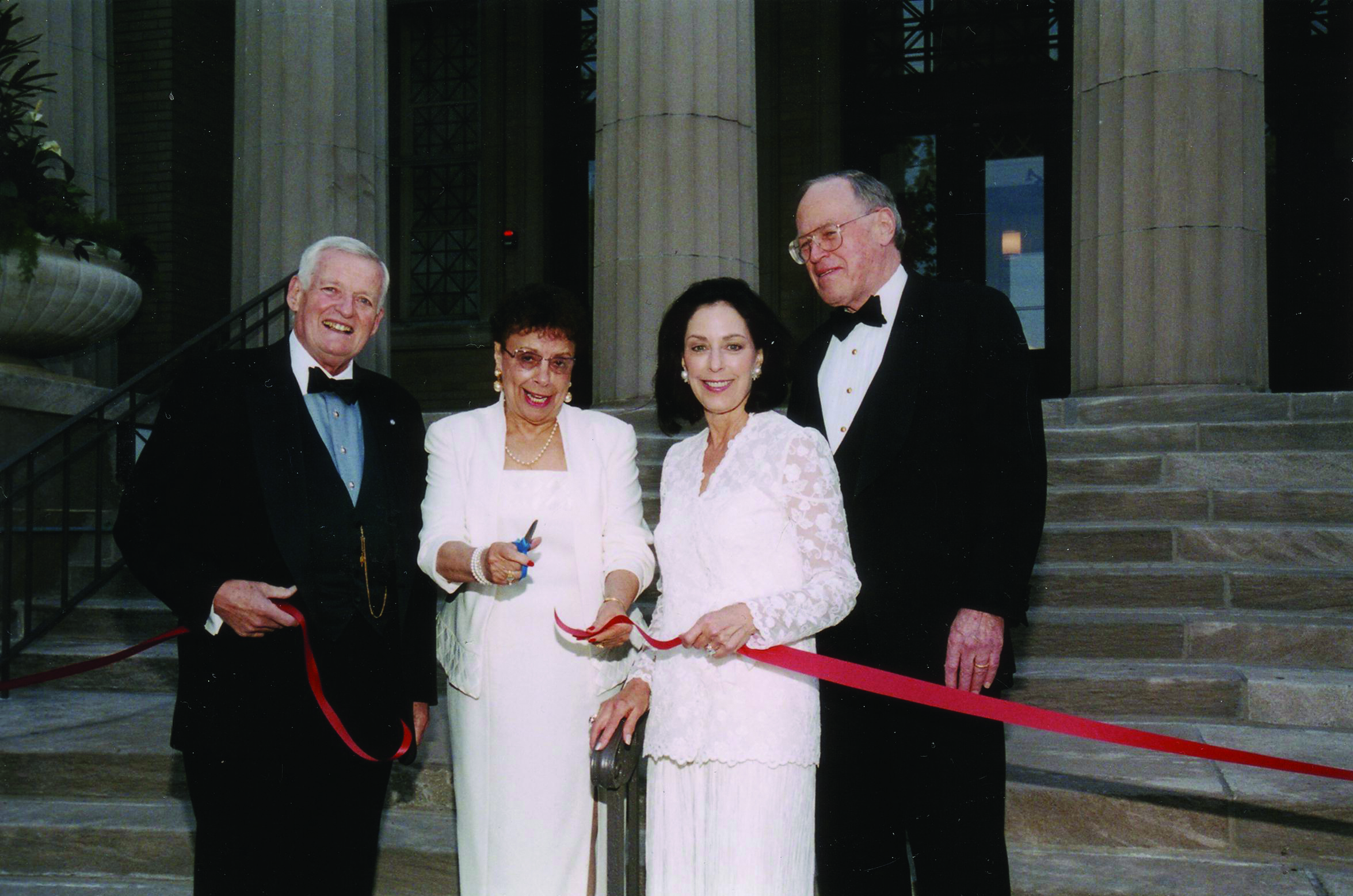 May 2003 Nichols Concert Hall ribbon-cutting. (l to r) Music Institute President Frank Little, Evanston Mayor Lorraine H. Morton, Alexandra and John Nichols.