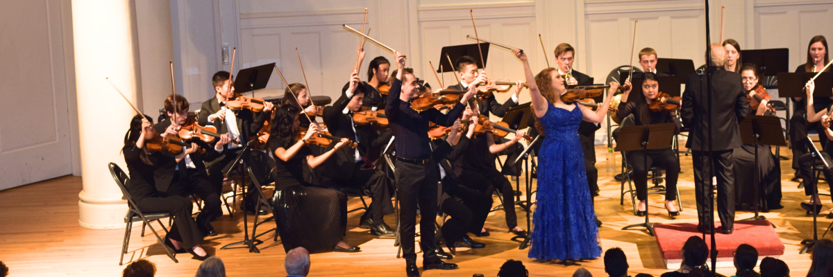 MIC alumni Matthew Lipman, viola and Rachel Barton Pine, violin with the Academy Orchestra at Nichols Concert Hall